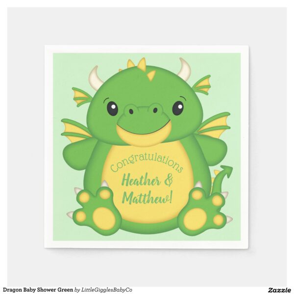 This Dragon Baby Shower Collection design theme featuring a Simply Adorable Dragon on a pink, blue, or green color pallet celebrates your very special Birthday and Baby Shower.