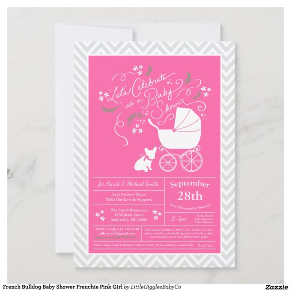 Include the big brother or sister fur baby in the celebration with this adorable French Bulldog baby shower design!  Perfect for a Frenchie lover with a baby on the way.  The Frenchy is next to an adorable vintage carriage.  The pink makes it perfect for a baby girl on the way! #french #bulldog #dog #baby #shower #frenchie #frenchy #puppy #pink #girl #Popular #Little #Giggles #Baby #Co #Invitations #01 #Collection