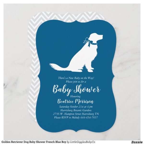 Include the big brother or sister fur baby in the celebration with this adorable golden retriever dog baby shower design!  Perfect for a puppy lover with a baby on the way.  The Golden Retriever is next to an adorable vintage carriage.  The blue makes it perfect for a baby boy on the way! #dog #baby #shower #blue #boy #puppy #doggy #golden #retriever #retreiver #Popular #Little #Giggles #Baby #Co #Invitations #01 #Collection