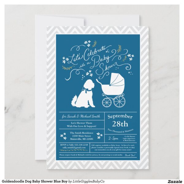 Include the big brother or sister fur baby in the celebration with this adorable Goldendoodle dog baby shower design!  Perfect for a puppy lover with a baby on the way.  The Golden Doodle is next to an adorable vintage carriage.  The blue makes it perfect for a baby boy on the way! #dog #baby #shower #gender neutral #co-ed #silhouette #goldendoodle #goldendoodle silhouette #golden #doodle #Popular #Little #Giggles #Baby #Co #Invitations #01 #Collection