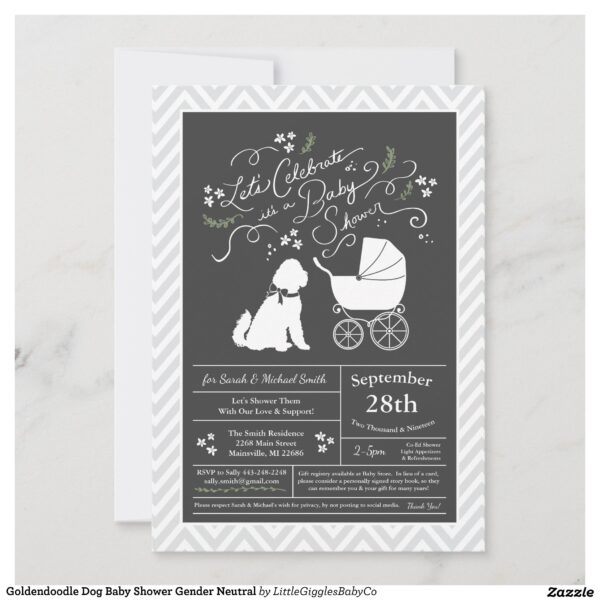 Include the big brother or sister fur baby in the celebration with this adorable Goldendoodle dog baby shower design!  Perfect for a puppy lover with a baby on the way.  The Golden doodle is next to an adorable vintage carriage.  The chalkboard grey background makes it perfect for a gender neutral or co-ed shower! #dog #baby #shower #gender neutral #co-ed #dog shower #silhouette #goldendoodle #golden #doodle #Popular #Little #Giggles #Baby #Co #Invitations #01 #Collection