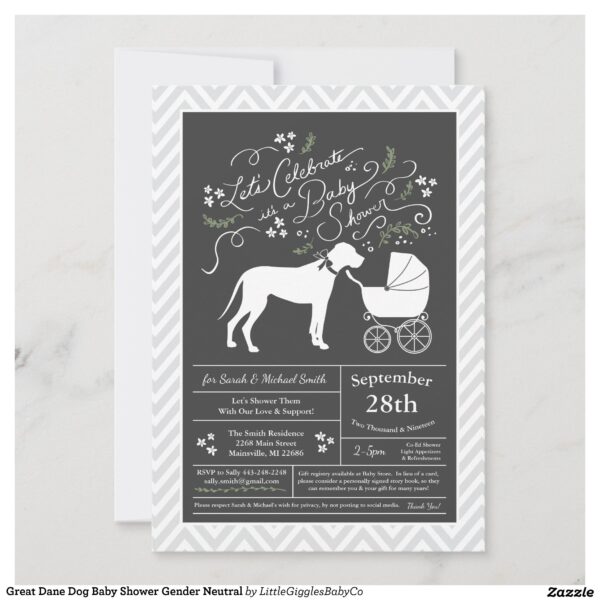 Include the big brother or sister fur baby in the celebration with this adorable Great Dane dog baby shower design!  Perfect for a puppy lover with a baby on the way.  The Great Dane is next to an adorable vintage carriage.  The chalkboard grey background makes it perfect for a gender neutral or co-ed shower! #dog #baby #shower #puppy #gender neutral #co-ed #chalkboard #great #dane #great dane #Popular #Little #Giggles #Baby #Co #Invitations #01 #Collection