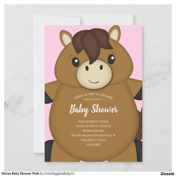 This Horse Baby Shower Collection design theme featuring a Simply Adorable Horse on a pink, blue, or green color pallet celebrates your very special Birthday and Baby Shower.