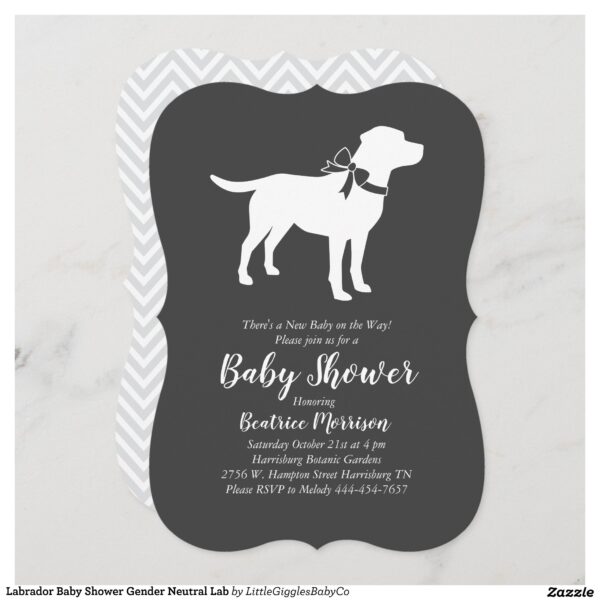 Include the big brother or sister fur baby in the celebration with this adorable labrador dog baby shower design!  Perfect for a puppy lover with a baby on the way.  The lab is next to an adorable vintage carriage.  The chalkboard grey background makes it perfect for a gender neutral or co-ed shower! Perfect for a person with a pet black lab, yellow lab or chocolate labrador! #dog #baby #shower #gender neutral #co-ed #lab #labrador #black #yellow #chocolate #Labrador #Baby #Shower #Gender #Neutral #with #Bow #Grey #Collection