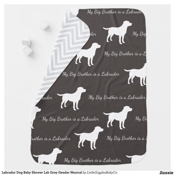 Include the big brother or sister fur baby in the celebration with this adorable Lab dog baby shower design!  Perfect for a puppy lover with a baby on the way.  The Labrador is next to an adorable vintage carriage.  The grey makes it perfect for a gender neutral or co-ed baby shower! Great for someone with a yellow lab, chocolate lab, or black lab! #yellow #baby #chocolate #shower #black #dog #lab #labrador #puppy #gender neutral #Labrador #Baby #Shower #Gender #Neutral #with #Bow #Grey #Collection