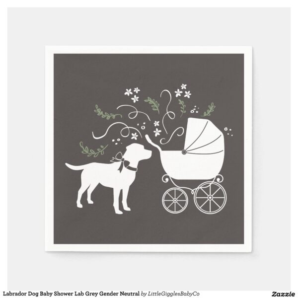 Include the big brother or sister fur baby in the celebration with this adorable Lab dog baby shower design!  Perfect for a puppy lover with a baby on the way.  The Labrador is next to an adorable vintage carriage.  The grey makes it perfect for a gender neutral or co-ed baby shower! Great for someone with a yellow lab, chocolate lab, or black lab! #yellow #baby #chocolate #shower #black #dog #lab #labrador #puppy #gender neutral #Labrador #Baby #Shower #Gender #Neutral #with #Bow #Grey #Collection