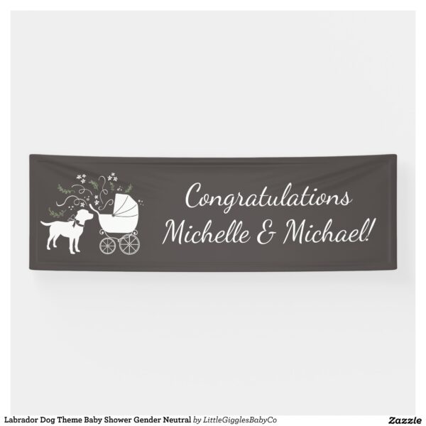 Include the big brother or sister fur baby in the celebration with this adorable Lab dog baby shower design!  Perfect for a puppy lover with a baby on the way.  The Labrador is next to an adorable vintage carriage.  The grey makes it perfect for a gender neutral or co-ed baby shower! Great for someone with a yellow lab, chocolate lab, or black lab! #gender neutral #black #dog #labrador #puppy #chocolate lab #baby shower #lab #dog shower #Labrador #Baby #Shower #Gender #Neutral #with #Bow #Grey #Collection