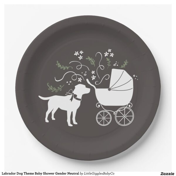 Include the big brother or sister fur baby in the celebration with this adorable Lab dog baby shower design!  Perfect for a puppy lover with a baby on the way.  The Labrador is next to an adorable vintage carriage.  The grey makes it perfect for a gender neutral or co-ed baby shower! Great for someone with a yellow lab, chocolate lab, or black lab! #gender neutral #black #dog #labrador #puppy #chocolate lab #baby shower #lab #dog shower #Labrador #Baby #Shower #Gender #Neutral #with #Bow #Grey #Collection