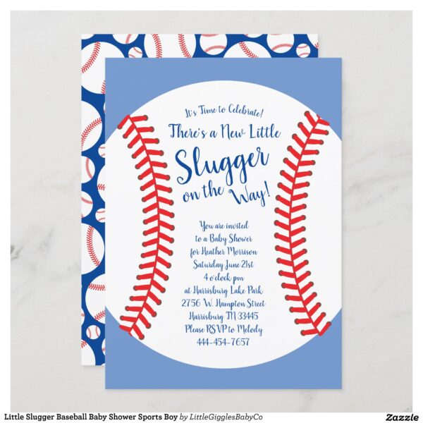 Celebrate the new little slugger with this adorable baseball baby shower design!  Makes for a great look for a co-ed or gender neutral shower, or a baby boy on the way!  Perfect for a friend group that loves sports! #baby #shower #co-ed #gender #neutral #little slugger #baseball #sports #boy #blue #Little #Slugger #Baseball #Baby #Shower #Birthday #Party #Collection