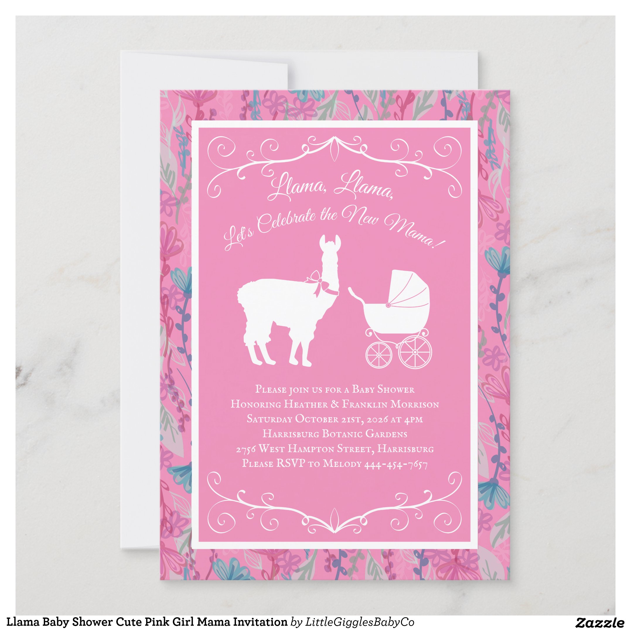 Celebrate the new Mama with this Llama Llama design!  Cute pink and flowers for a sweet baby girl on the way!  The simple llama and baby carriage silhouette is simple and elegant. #baby #shower #llama #mama #carriage #pink #floral #alpaca #animal #cute #Llama #Mama #Baby #Shower #Cute #Collection