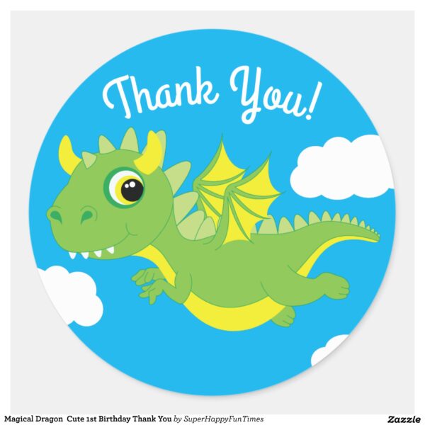 These adorable magical dragon cute thank you stickers are perfect for sealing envelopes or adding to favors for your child's first birthday party!  Perfect for the kid who loves medieval dragons! #sticker #envelope seal #birthday #favor #1st #first #magical #dragon #cute #thank you #Magical #Dragon #Cute #1st #Birthday #Party #Collection