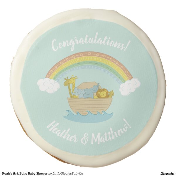 This Noah's Ark Boho Rainbow Baby Shower Collection design theme featuring a Simply Adorable ark with giraffes elephants and lions with a Boho Rainbow arching in the sky celebrates your very special Baby Shower.