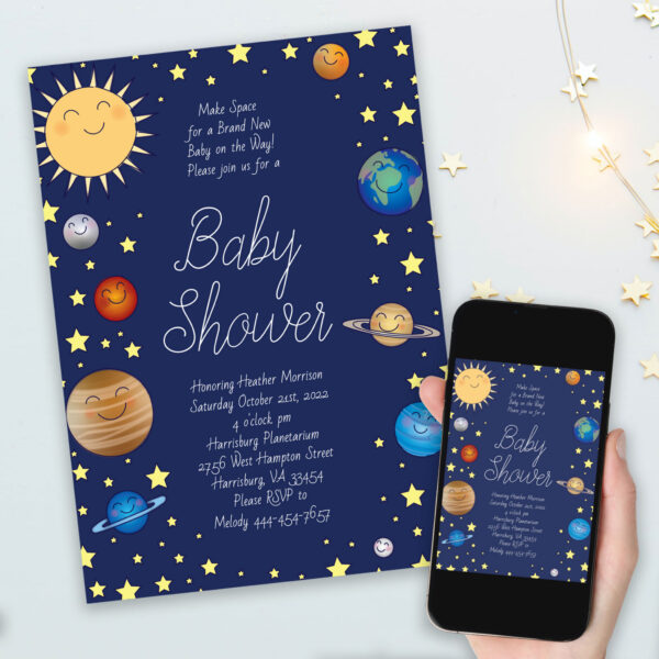 Celebrate the new Mommy and baby with this adorable outer space baby shower design!  Perfect for a baby boy or girl on the way, and also works great for gender neutral showers too!  The beautiful colors and artwork make it perfect for a Mom who loves to gaze at the stars and study the galaxy and universe! #baby #shower #outer #space #galaxy #universe #astronaut #solar system #planets #gender neutral #Popular #Little #Giggles #Baby #Co #Invitations #01 #Collection