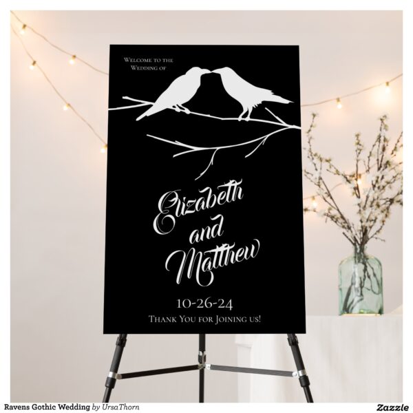 Two elegant ravens perched on a branch are the perfect way to celebrate your gothic wedding.  The white bird silhouettes are against a contrasting black background.  Also great for a Halloween wedding. #raven #crow #bird #silhouette #gothic #wedding #halloween #black #dark #spooky #Black #and #White #Ravens #Gothic #Wedding #Collection