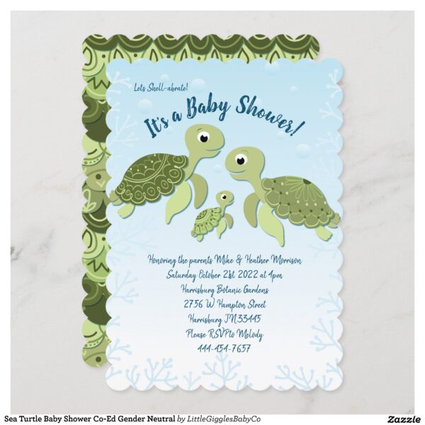 Celebrate the new Mommy Daddy and Baby with this modern sea turtle baby shower design!  Perfect for a baby boy or girl on the way, and also works great for gender neutral and co-ed showers too!  The soft watercolor design and cute turtles give them a trendy whimsical feel! #baby #shower #gender #neutral #co-ed #sea #turtle #under the sea #sea turtle #ocean #Popular #Little #Giggles #Baby #Co #Invitations #01 #Collection