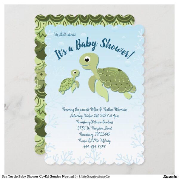 Celebrate the new Mommy and Baby with this modern sea turtle baby shower design!  Perfect for a baby boy or girl on the way, and also works great for gender neutral and co-ed showers too!  The soft watercolor design and cute turtles give them a trendy whimsical feel! #baby #shower #gender #neutral #co-ed #sea #turtle #under the sea #sea turtle #ocean #Popular #Little #Giggles #Baby #Co #Invitations #01 #Collection