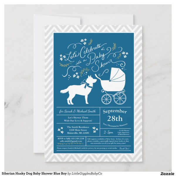 Include the big brother or sister fur baby in the celebration with this adorable Siberian Husky dog baby shower design!  Perfect for a puppy lover with a baby on the way.  The Siberian Husky is next to an adorable vintage carriage.  The blue makes it perfect for a baby boy on the way! #dog #baby #shower #blue #boy #puppy #dog baby #dog shower #siberian #husky #Popular #Little #Giggles #Baby #Co #Invitations #01 #Collection