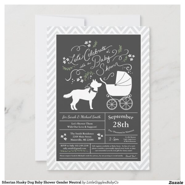 Include the big brother or sister fur baby in the celebration with this adorable Siberian Husky dog baby shower design!  Perfect for a puppy lover with a baby on the way.  The Siberian Husky is next to an adorable vintage carriage.  The chalkboard grey background makes it perfect for a gender neutral or co-ed shower! #dog #baby #shower #puppy #gender neutral #co-ed #dog baby #baby shower #siberian #husky #Popular #Little #Giggles #Baby #Co #Invitations #01 #Collection