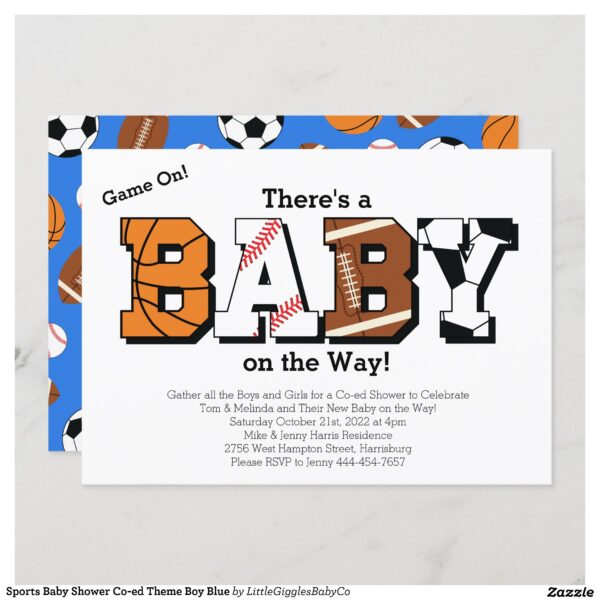 Our adorable Sports Baby Shower theme is perfect for the couple expecting a boy that loves football, baseball, soccer and basketball!  Makes a great theme for a co-ed, gender neutral or jack and jill style shower too! #baby #basketball #football #shower #co-ed #soccer #baseball #sports #blue #boy #Popular #Little #Giggles #Baby #Co #Invitations #01 #Collection