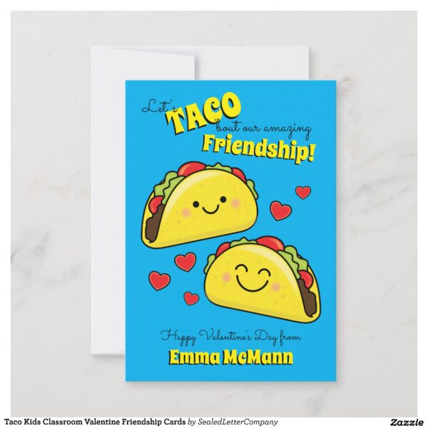 An adorable pair of tacos is here to help your child tell their friends in their class that they appreciate their friendship!  The cute Kawaii tacos with hearts are perfect for any child that loves tacos and cartoons! #classroom #valentine #valentine's day #kid #child #children #cute #kawaii #taco #friendship #Kawaii #Cute #Classroom #Valentine #Cards #Collection