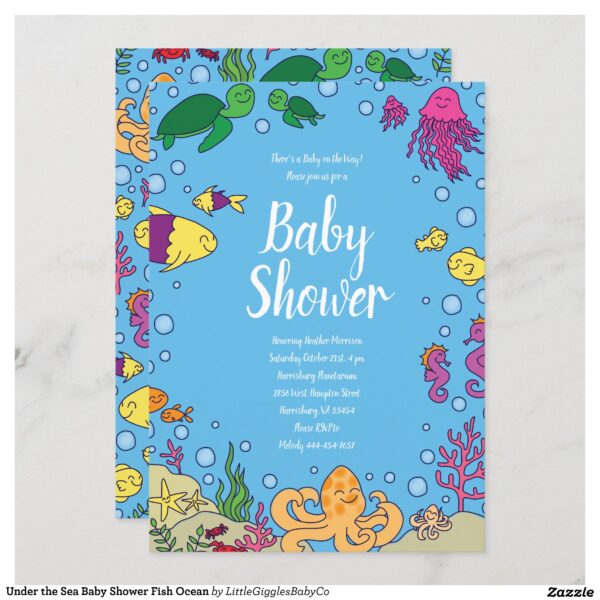 Celebrate the new Mommy and baby with this adorable under the sea baby shower design!  Perfect for a baby boy or girl on the way, and also works great for gender neutral  and co-ed showers too!  The beautiful colors and artwork make it perfect for a Mom who loves fish and the ocean! #baby #shower #gender neutral #under the sea #ocean #fish #sea #summer #aquarium #beach #Under #the #Sea #Baby #Shower #Fish #Ocean #Collection